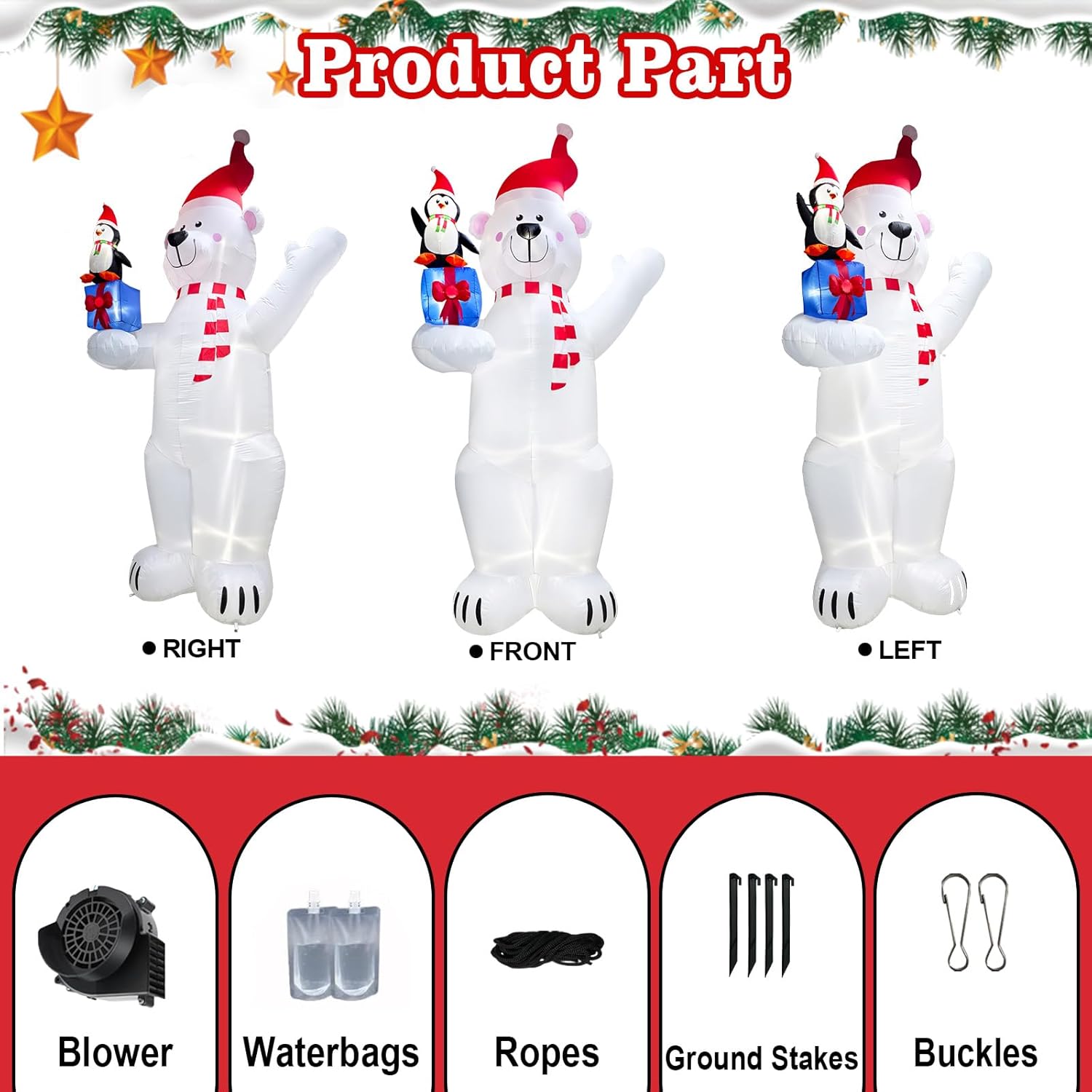 12.2FT Giant Christmas Inflatable Polar Bear & Penguin with Xmas Gift Box Decoration, Christmas Blow Up Penguin and Bear Inflatable Built-in 6 LED for Christmas Inflatables Outdoor Decoration