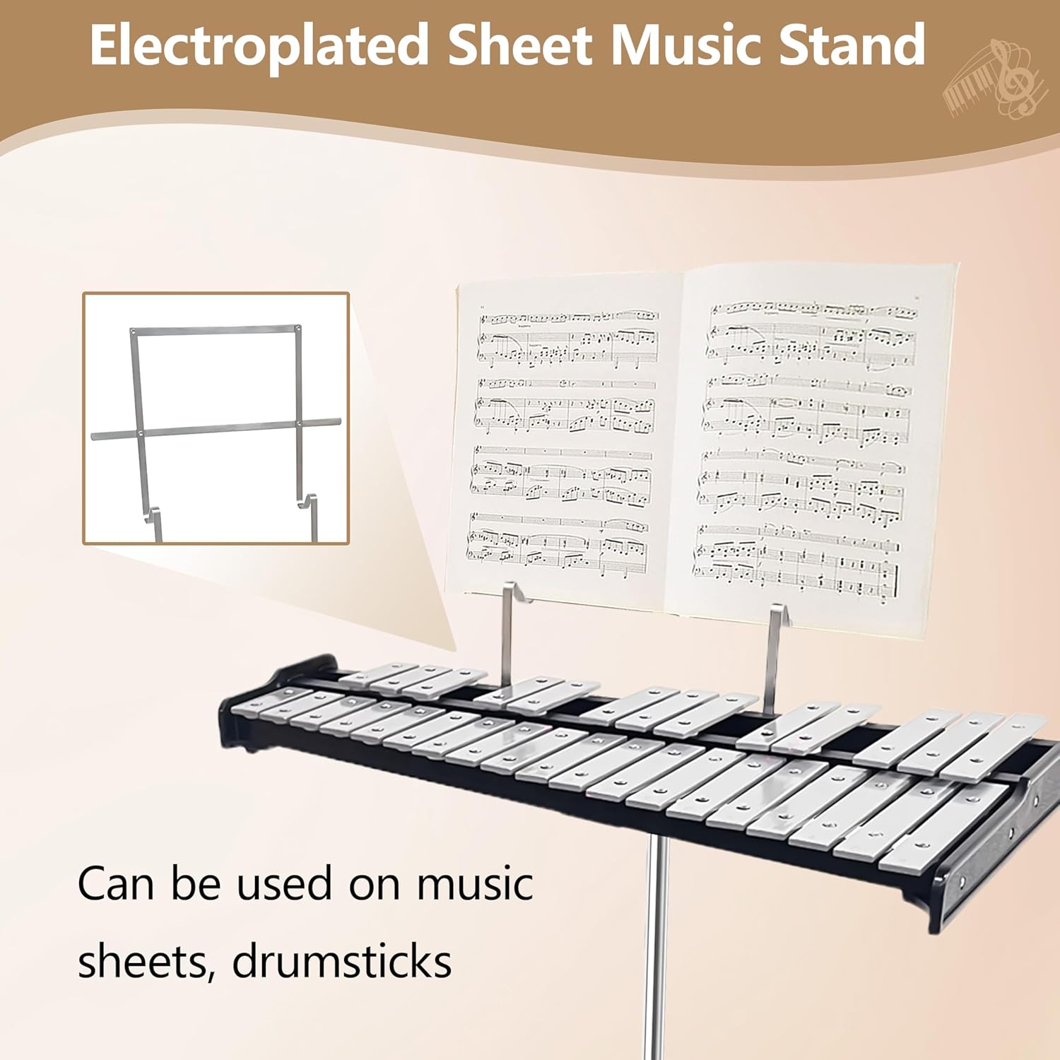 Glockenspiel Xylophone Bell Kit 32 Note Professional Glockenspiel Percussion Kit with 8 Inch Drum Practice Pad, Stand, Stick, Drum Sticks and Carrying Bag
