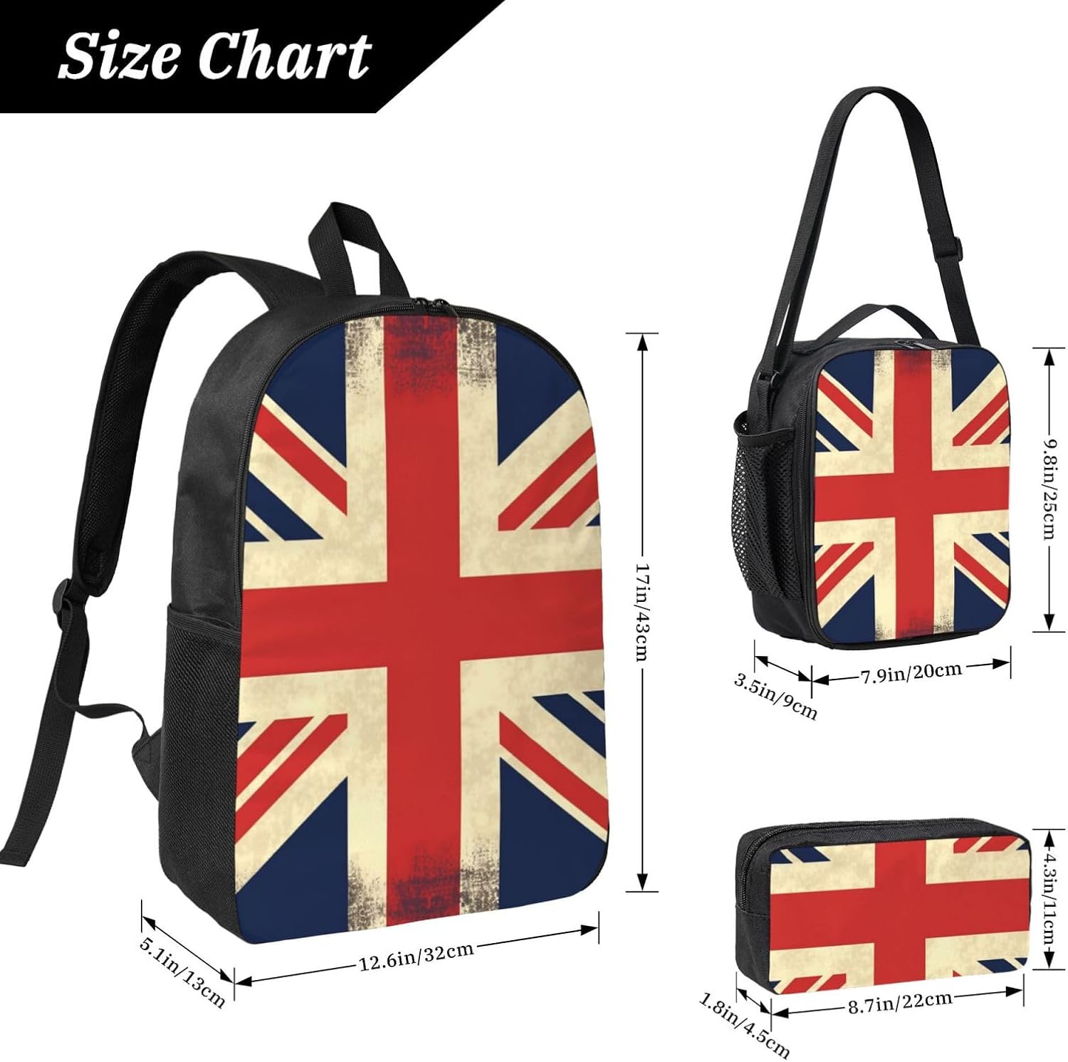 UK Flag Backpack Set 3 PCS - 17 Inch Laptop Backpack with Lunch Bag, Waterproof Daypack Insulated Lunch Box Large Capacity Coin Pouch Personalized Gift image 4