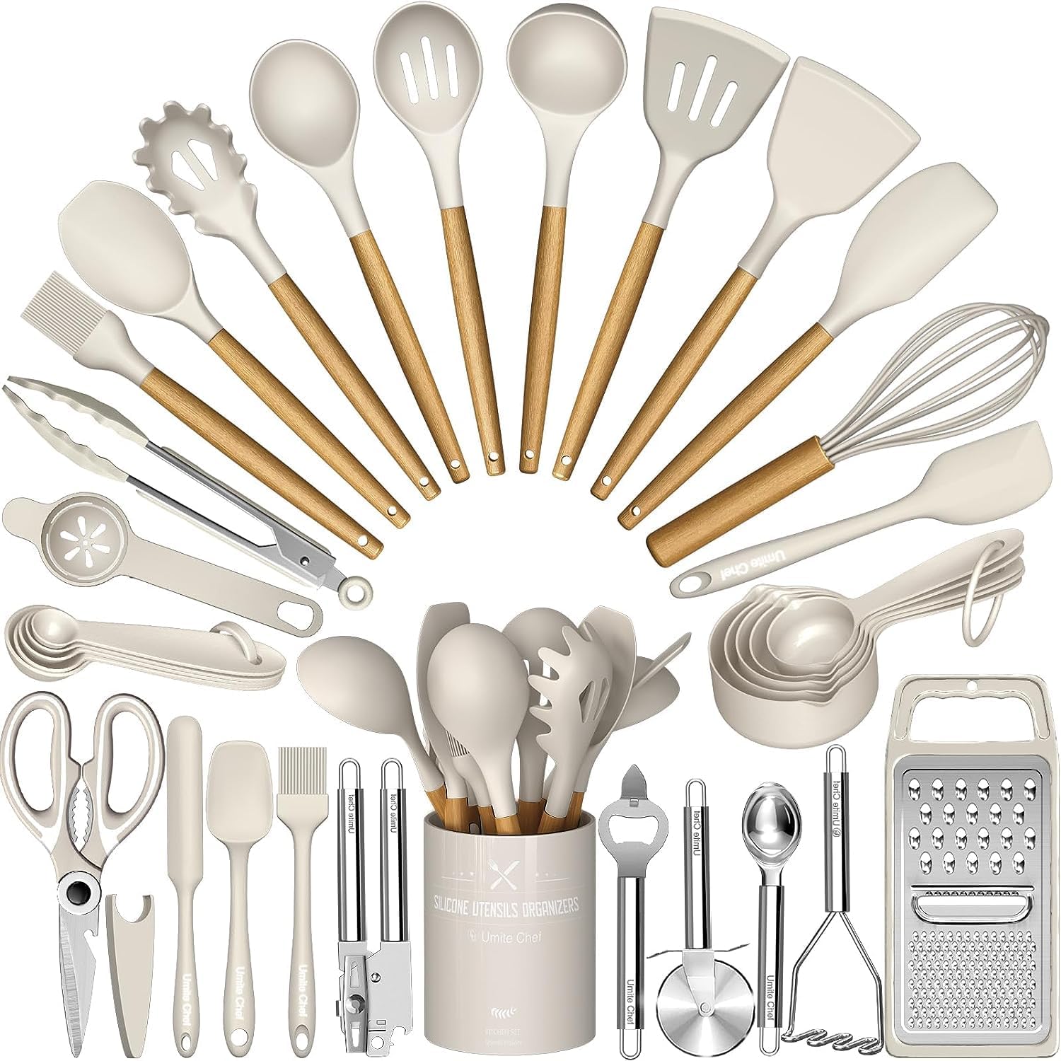 Cooking Utensils Set- Khaki Silicone Kitchen Utensils Set, 34PCS Heat Resistant Kitchen Gadgets Tools Set with Grater, Wooden Handle Kitchen Utensil Spatula Set for Nonstick Cookware