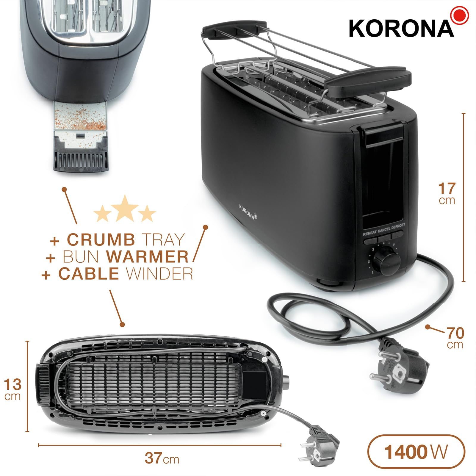 Korona 21060 Grille-pain 4 tranches | Fente | degré de torréfaction réglable | Dégivrage | Torréfaction | Échauffement | 1 400 watts | Accessoire chignon | Tiroir à miettes | Centrage de la tranche de