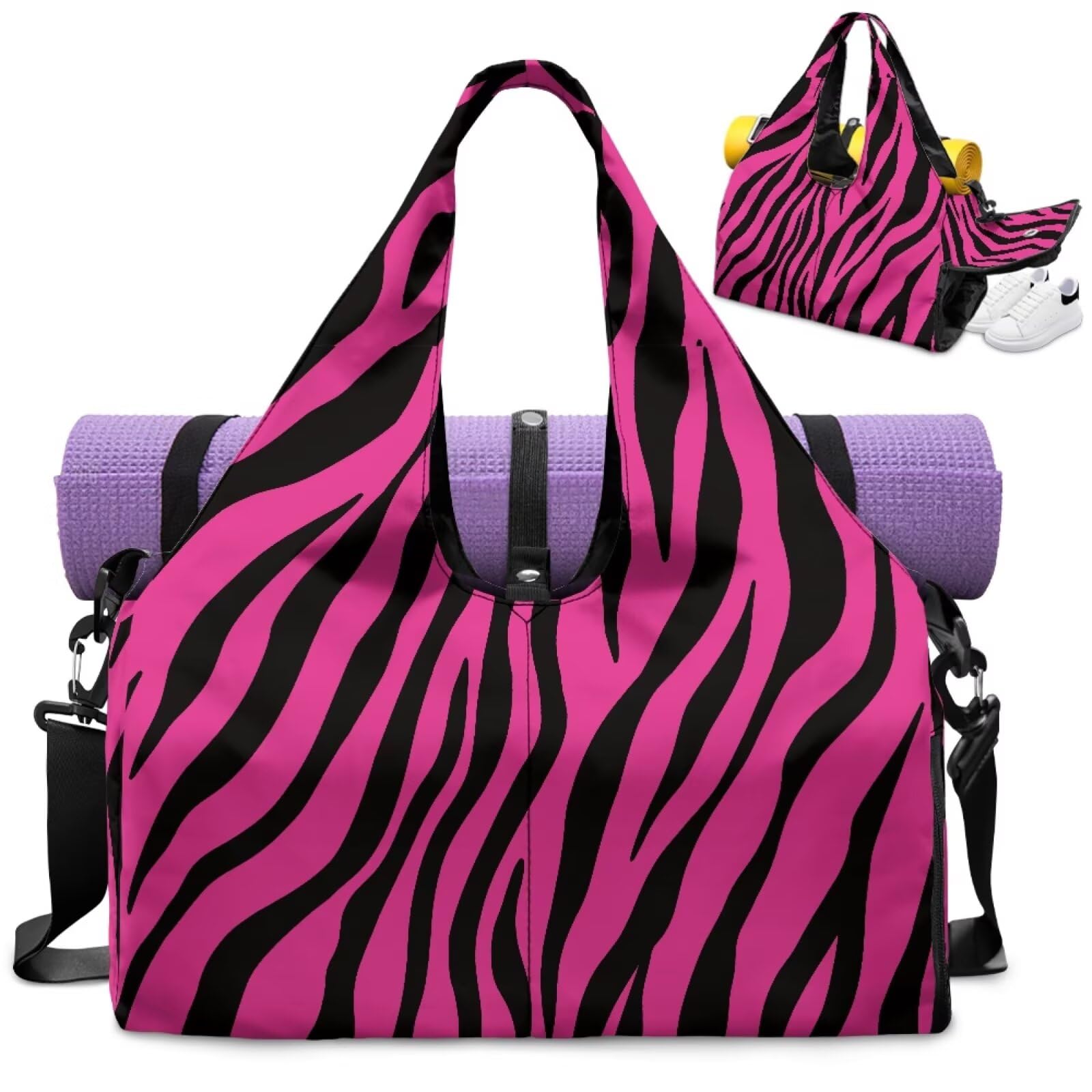Dngkaoje Pink Gym Bag with Yoga Mat Holder and Shoe Compartment Women Zebra Print Bag Yoga Mat Bag for Women Gym Accessories Tote Yoga Bags and Carriers Fits All Your Stuff
