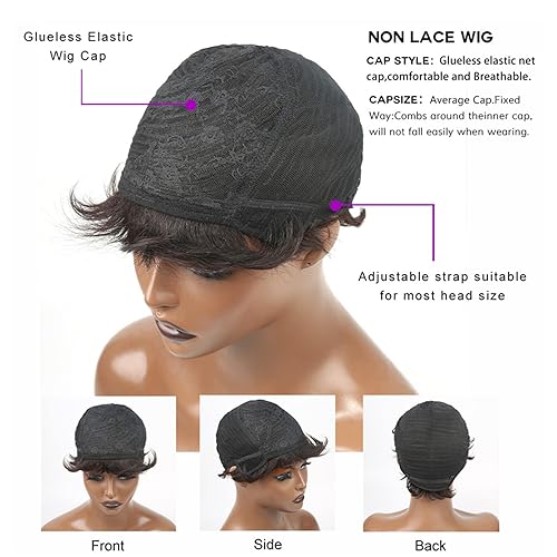 Miniatura 6 de YOUKNOWIG Pelucas de cabello humano corto corte pixie peluca corta Bob para mujeres negras, 100% cabello humano virgen brasileño sin encaje, hecha a