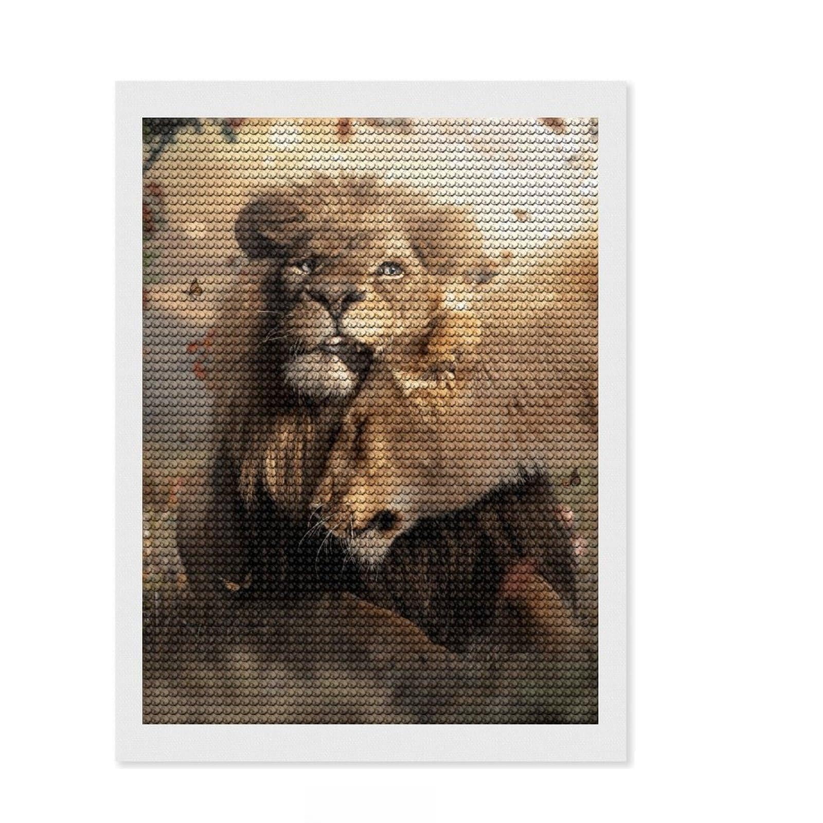Junmoney Lion Cuddles DIY Diamond Art Canvas Kit 12"x16", Birthday Gift, Vintage Style Decor, for Beginners, Artistic Hobby