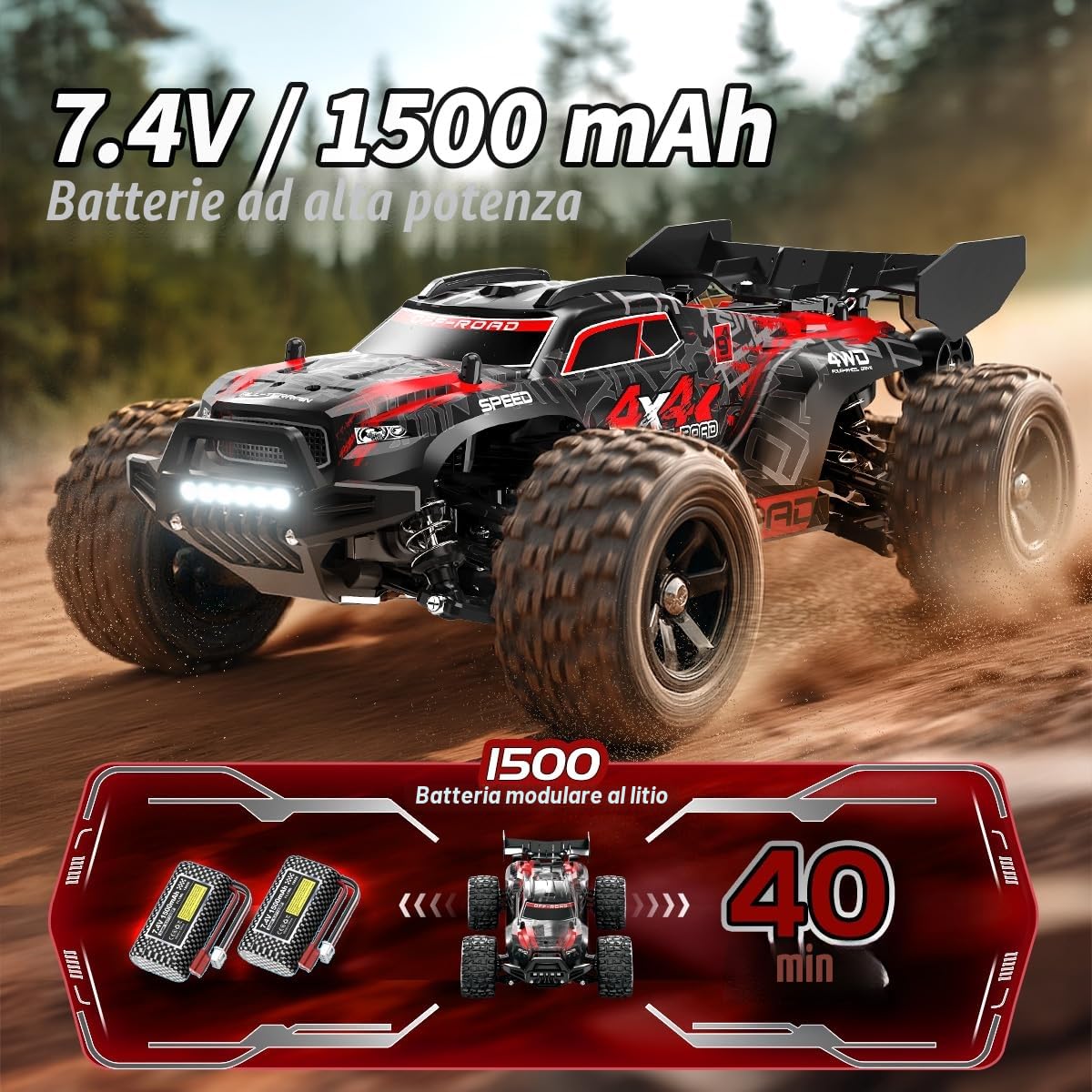 Macchina telecomandata professionale 1:18 4x4 tutto terreno RC Car 36 km/h | con doppia batteria 1500 mAh e doppia carrozzeria, Monster Truck Macchina Radiocomandata per adulti e ragazzi