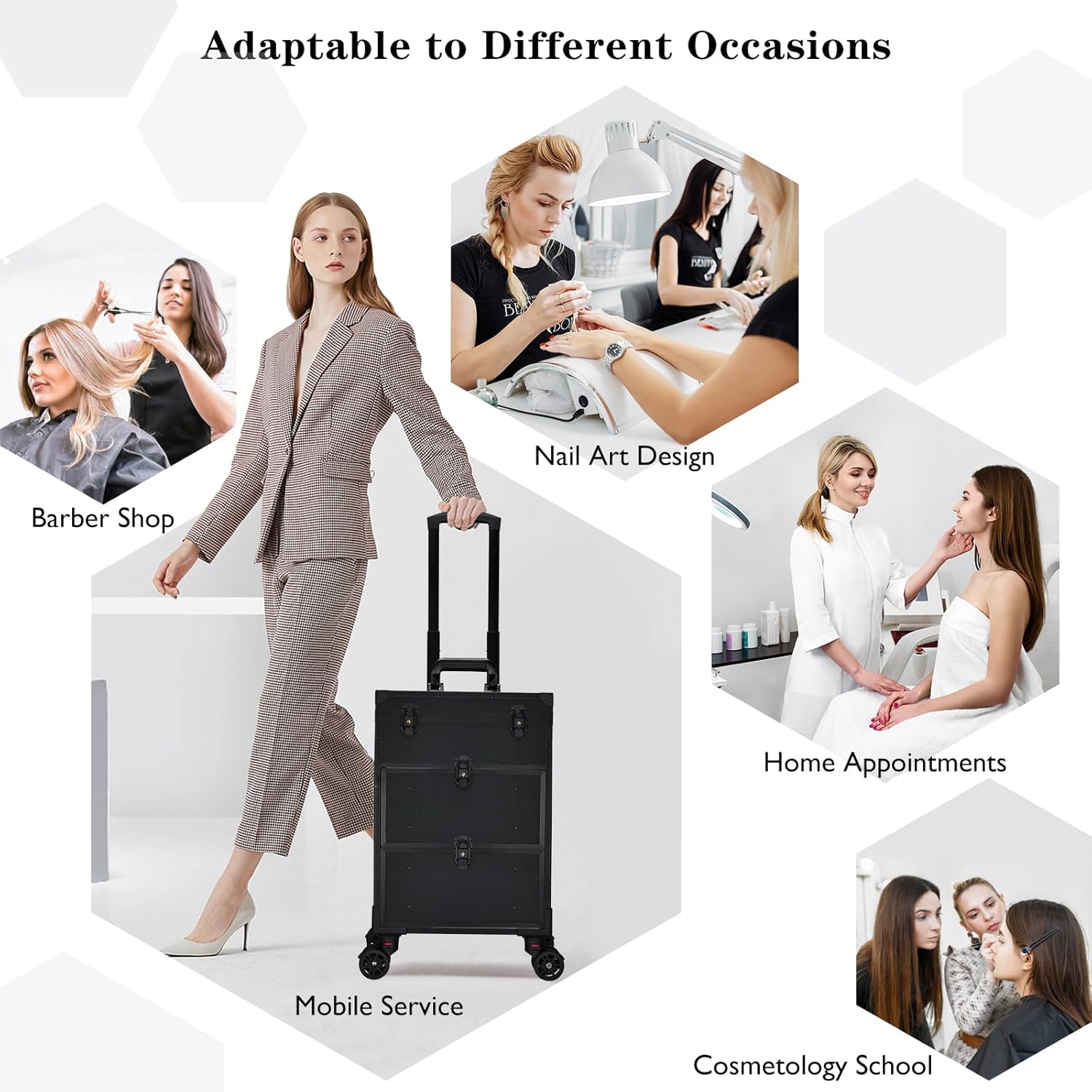 Rolling Makeup Train Case with 2 Extra Large Drawers Nail Organizer Case with Wheels Traveling Cosmetology Case with Makeup Pouch for Mobile Stylist Artists Nail Salon Cart Trunk Black