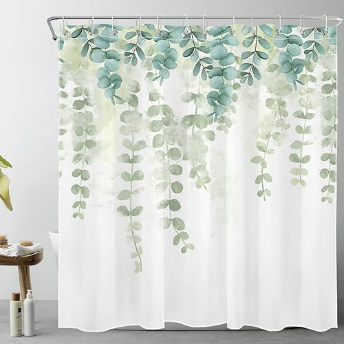 Miniatura 6 de LB Cortina de ducha de hojas de eucalipto de plantas verdes cortina de baño de tela de poliéster con ganchos hojas botánicas de acuarela en la parte