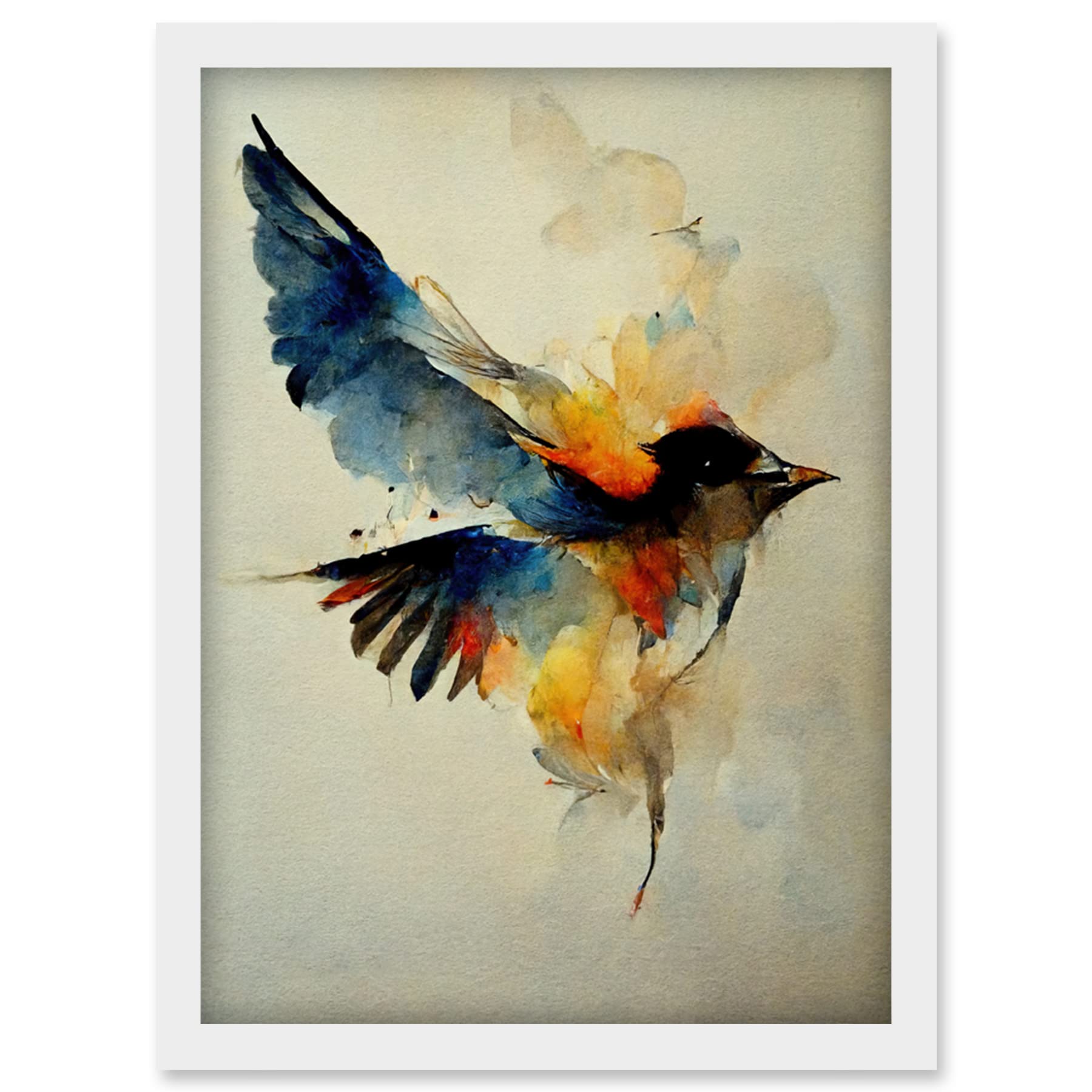 Doppelganger33 LTD Watercolour Paint Illustration Of Colourful Flying Bird Artwork Framed Wall Art Print A4