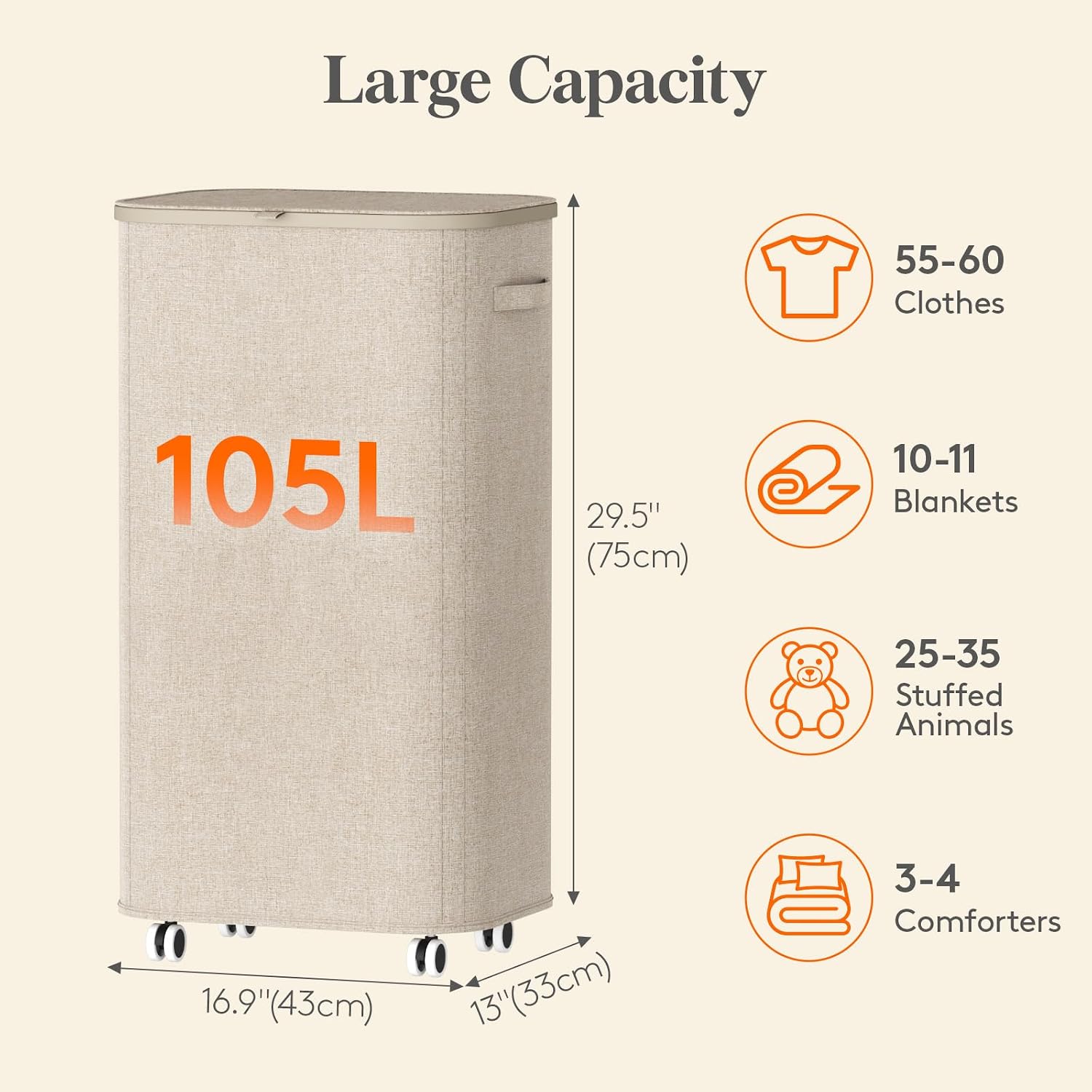 Lifewit 105L Large Laundry Basket with Wheels and Lid, Beige image 4