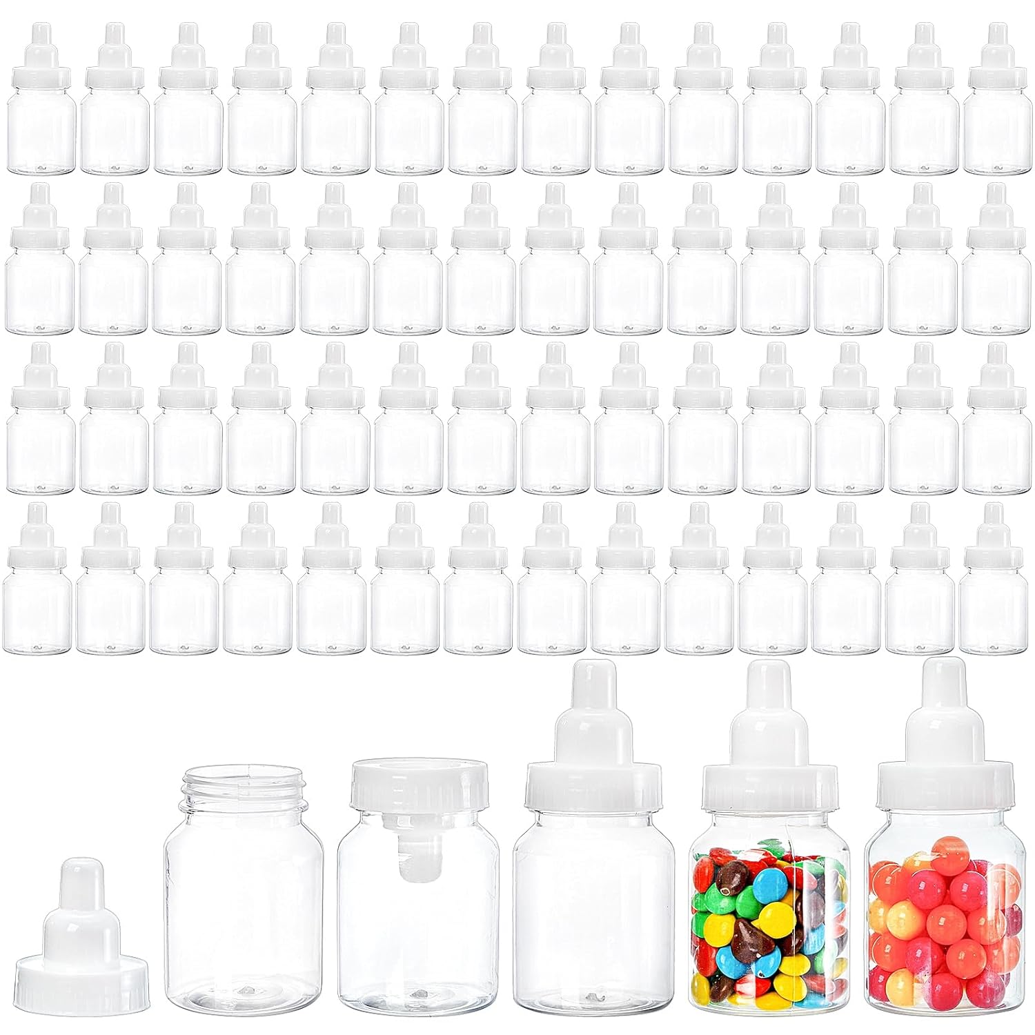 Tebery 72 Pcs Baby Shower Candy Bottle, Reusable 3.5 Inch Mini Candy Milk Bottles, Clear Plastic Candy Container, Baby Shower Party Favors Supplies for Newborn Decoration, Birthday, Baptism, Bulk