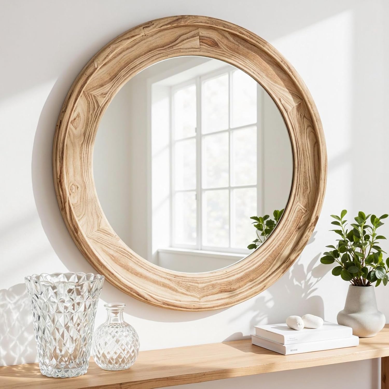 sawsile Round Wood Mirror 24" Natural Circle Wooden Nursery Farmhouse Rustic Decorative Large Wall Mirror for Bathroom,Living Room, Fireplace,Hallway
