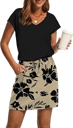 OFEEFAN Summer Dresses for Women 2026 V-Neck T-Shirt Casual Mini Dress with Pockets