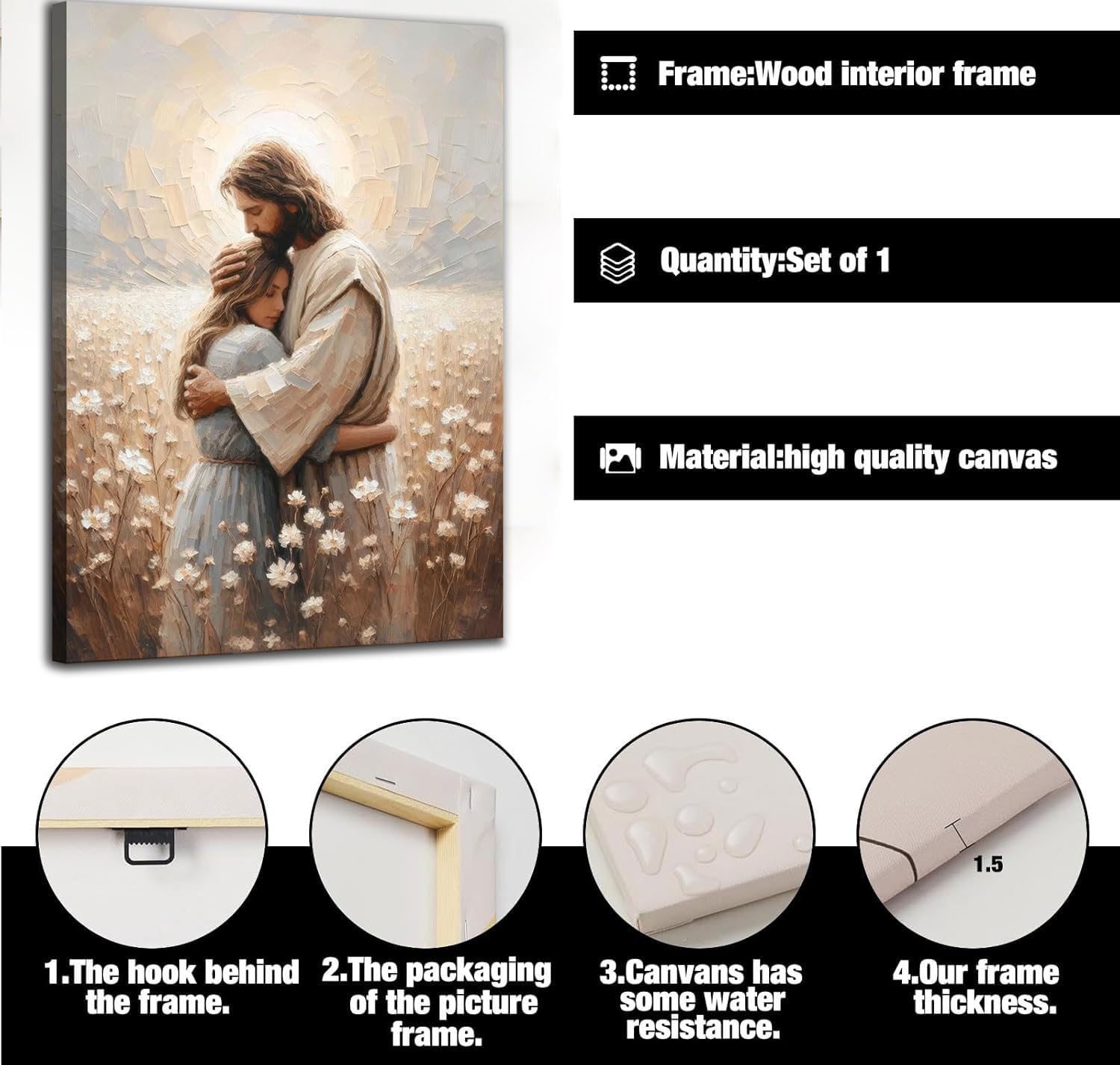 RDXLTOFO Jesus Hugs Woman Canvas Wall Art Jesus And Girl Wall Decor Pictures Christian Healing Embrace Floral Field Posters Prints For Hallway Bathroom Living Room Kitchen Home Decoration