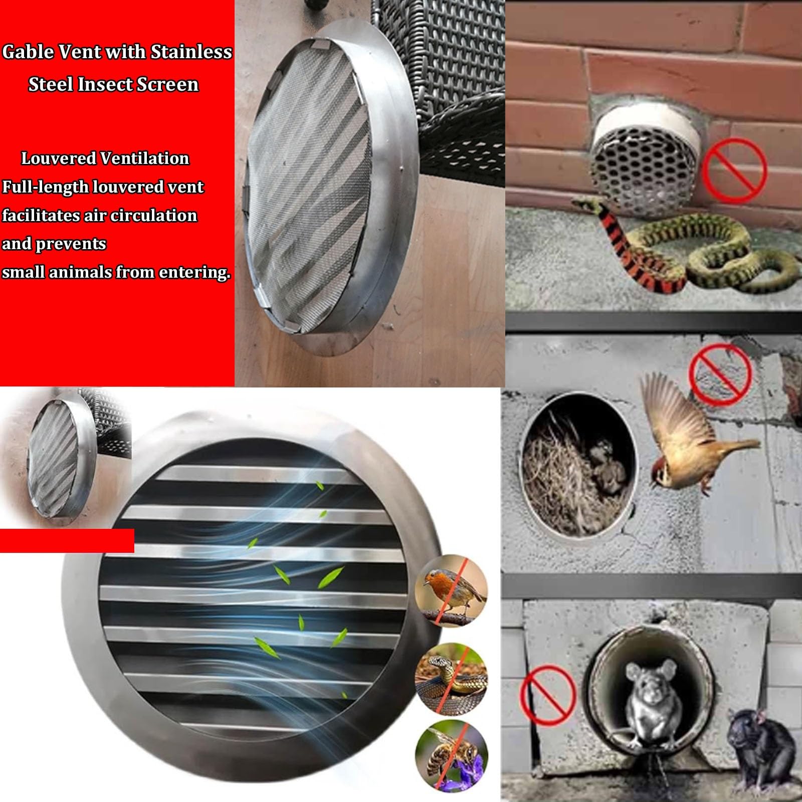 Rejilla de ventilación redonda para hastial con malla metálica | Rejilla de ventilación duradera de acero inoxidable para áticos, cobertizos y garajes(30cm(11.82in))