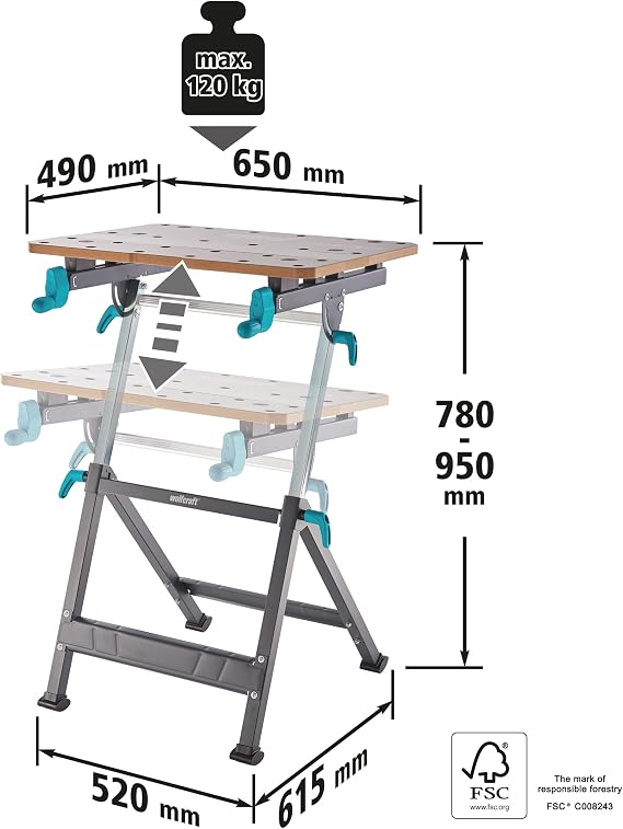 wolfcraft MASTER 650 ERGO Height-Adjustable Clamping and Working Table - Folding Workbench with 120 kg Load, 65° Swivel, FSC Tabletop - Made in EU - 6870000
