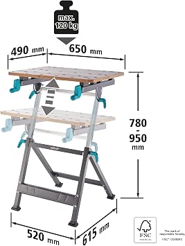 wolfcraft MASTER 650 ERGO Height-Adjustable Clamping and Working Table - Folding Workbench with 120 kg Load, 65° Swivel, FSC Tabletop - Made in EU - 6870000