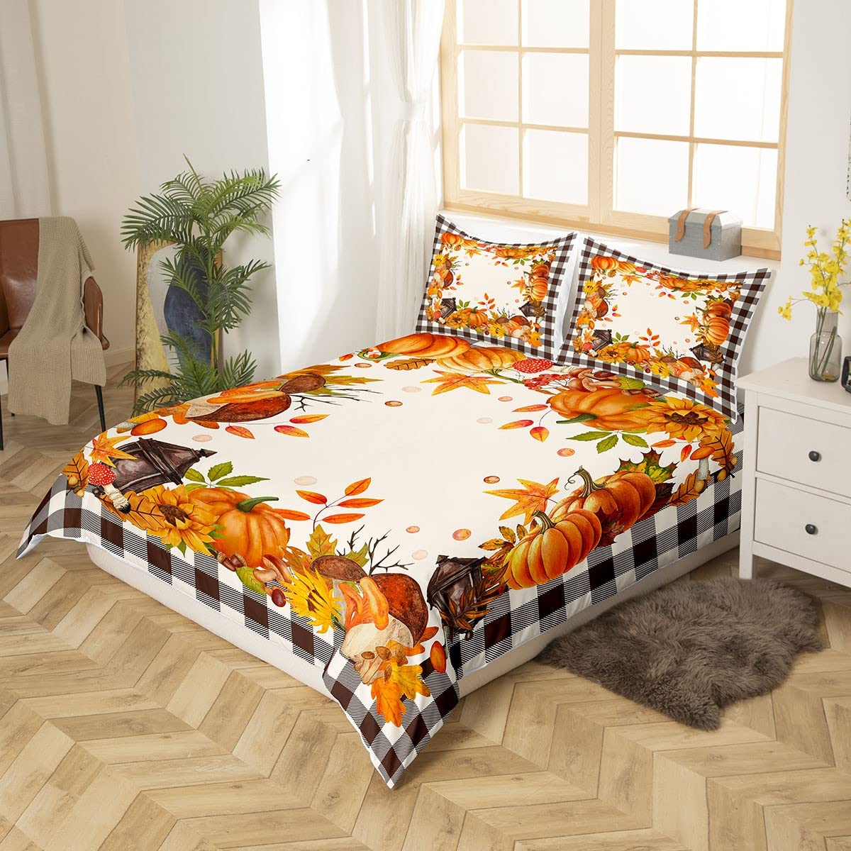 Juego de ropa de cama de Acción de Gracias, juego de cama de champiñones calabazas, tamaño King, funda de edredón geométrica de búfalo a cuadros de color marrón, decoración de otoño para el hogar,