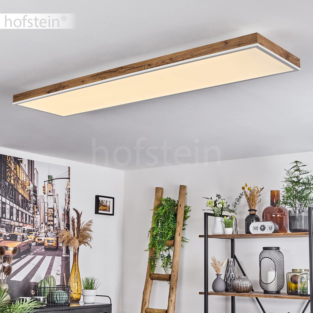 Plafón LED Salmi, plafón de metal/MDF/plástico en blanco/madera/marrón, panel LED regulable/cambiable de color de luz con mando a distancia, 150-2250 lúmenes, 2700-6500 Kelvin, 1 x LED 36 vatios