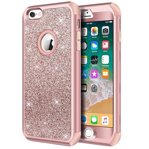 Hython Compatible with iPhone 6/6s Case, Heavy Duty Full-Body Defender Protective Case Bling Glitter Sparkle Hard Shell Hybrid Shockproof Rubber Bumper Cover for iPhone 6 and 6s 4.7-Inch, Rose Gold