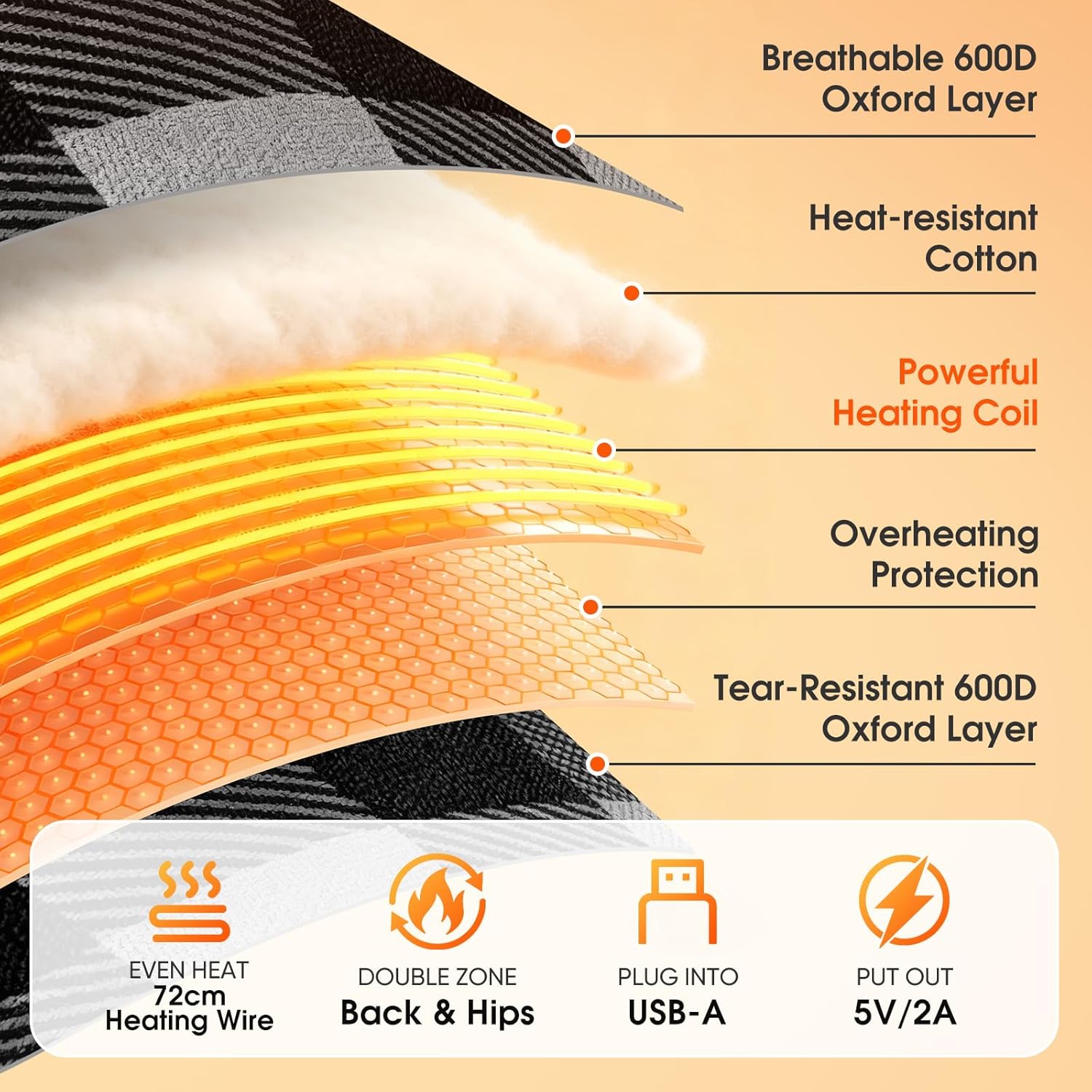 Oversized Heated Camping Chair for Adults Heavy Duty Outdoor Folding Chairs Padded Portable Lawn Chairs Camp Chairs with Cup Holder (Battery Not Included) Gray Plaid - Image 5