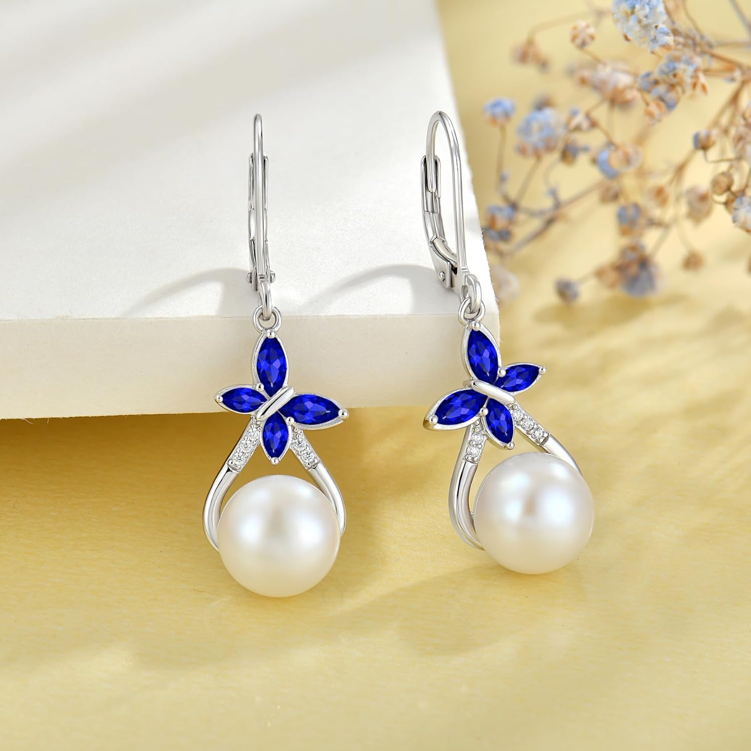 JO WISDOM Pearl Earrings 925 Sterling Silver Butterfly Birthstone 10mm Freshwater Cultured Pearl Leverback Dangle Earrings Jewelry for Women