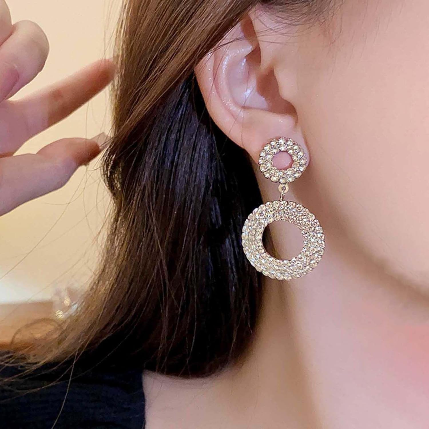 W WEILIRIAN Boho Crystal Circle Dangle Earrings for Women Rhinestone Circle Drop Earrings Gold Hollow Circle Earrings Statement Geometric Earrings Sparkly Dangle Earrings Jewelry for Girls - Image 6