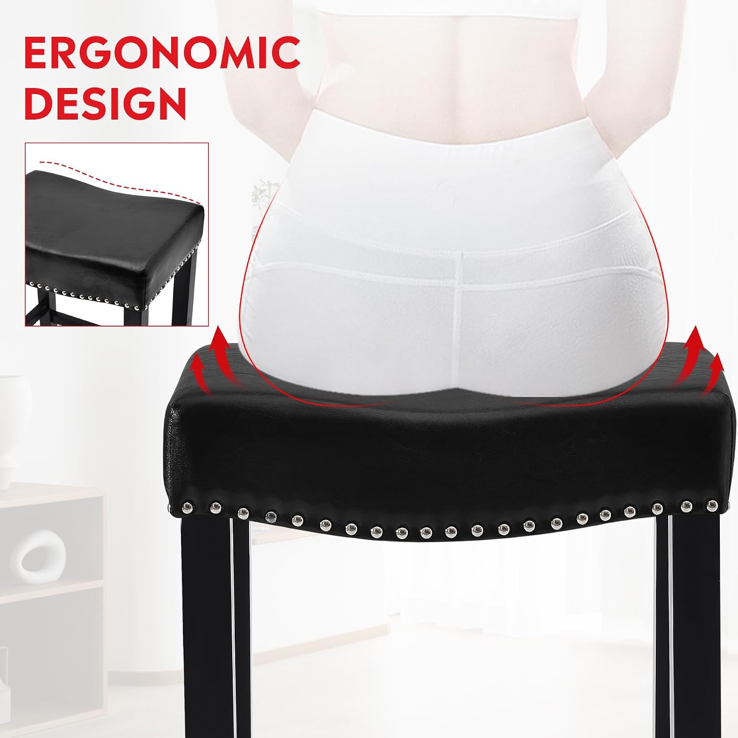 Costaelm 29" Upholstered Counter Height Bar Stools Set of 3, Backless Kitchen Island Stools with Linen Cushion, Wooden Bar Stool Saddle Stool for Dining Room Home Bar Decor, Black/Black