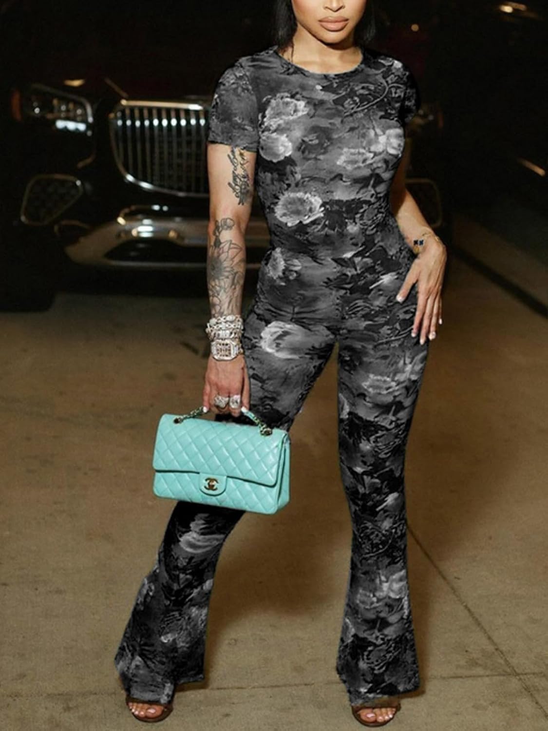 Two Piece Set Jumpsuit for Women Sexy Short Sleeve Floral Printed Mesh Bodycon Flared Pants Matching Set Club Outfits - Image 4