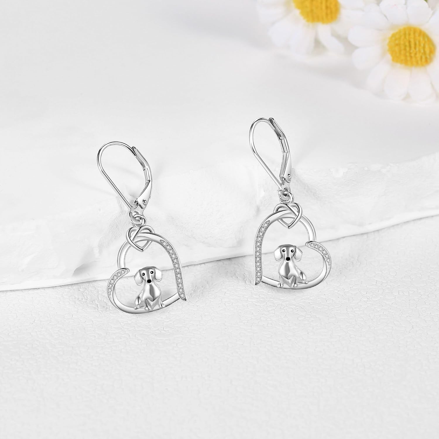 Dachshund Leverback Earrings 925 Sterling Silver Dachshund Dangle Earrings Heart Dog Jewelry Gifts for Women Mom Wife Dachshund Lovers