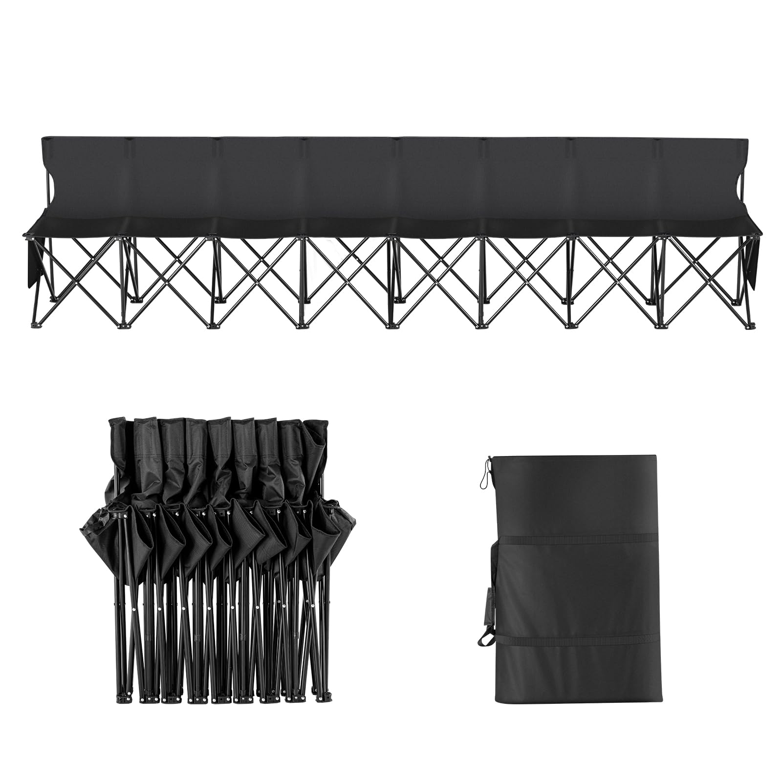 Happybuy 8 Seats Portable Folding Bench, Foldable Sideline Bench with Backrest & Carry Bag, Outdoor Sports & Camping, Black, No Assembly