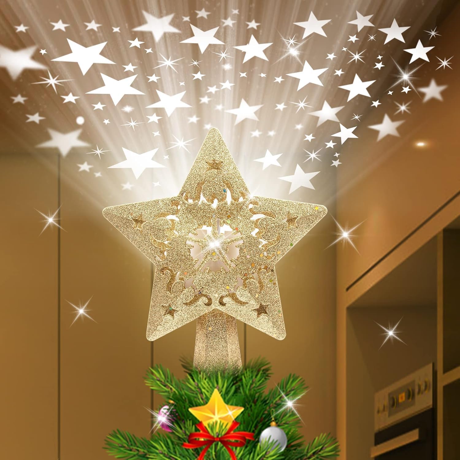 Árbol de Navidad Topper Estrella iluminada árbol T Adornos for árboles de Navidad Golden Star con proyector LED Giratorio de Copo de Nieve