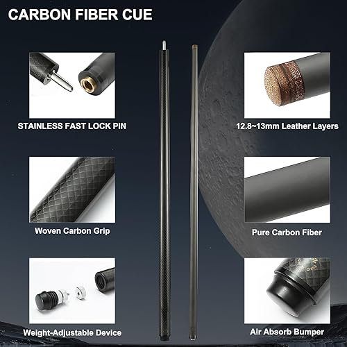 Miniatura 4 de Taco de piscina de fibra de carbono, punta de billar de 0.504 in, señal de fibra de carbono de 58 pulgadas, punta de baja desviación de billar taco