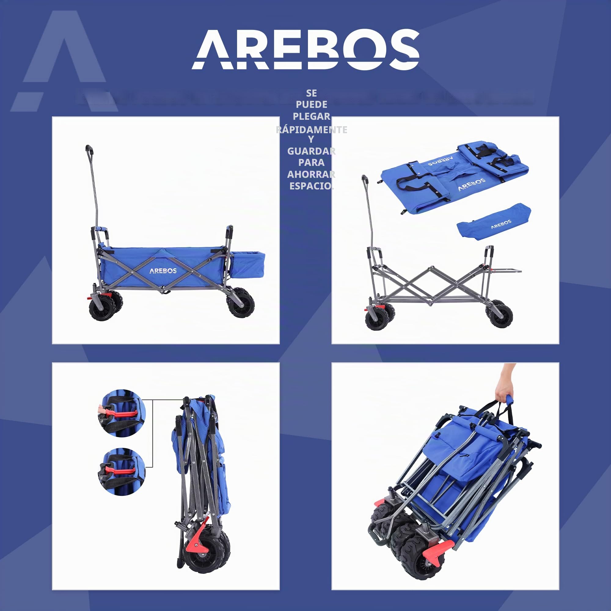 Arebos Carro de Mano con Techo | Carro Plegable | Carretilla Jardin | Carro Playa | Azul | 100 kg