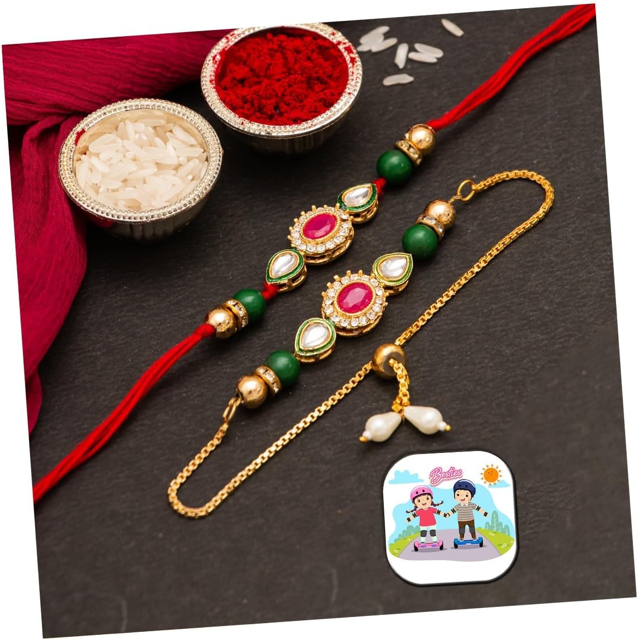 CraftVatika Rakhi Set for Brother and Bhabhi, Lumba Floral Pearl Kundan Couple Bracelet Rakhis Set of 2 with Fridge Magnet for Bhaiya & Bhabhi, Raksha Bandhan Gift