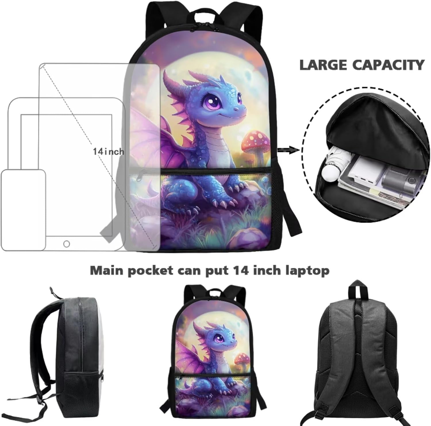 Dragon Backpack for School Kids 6-8 with Lunch Bag Cute Mushroom School Backpack and Lunch Box for Girls 1st Grade Bookbag/Lunchbox/Pencil Case/Water Bottle Holder, 4Pcs