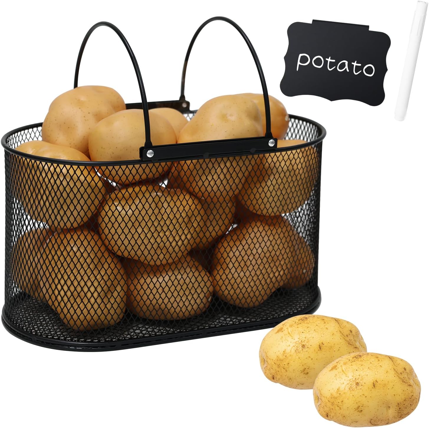 Potato Storage Potato Bin, Metal Potato Basket with Handle, Potato Container Storage Onion Storage, Vegetable Storage Produce Basket for Kitchen Pantry Organization and Storage – Black