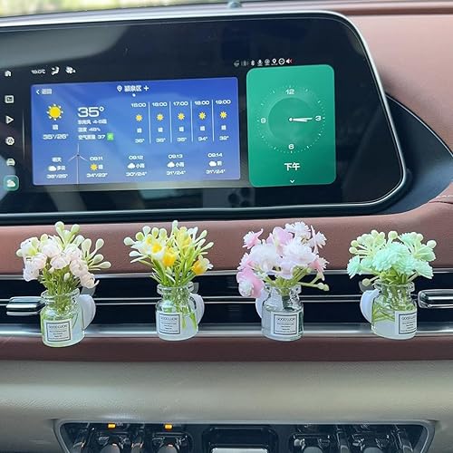 Set of 4 Cute Flower Bouquet in Glass Vase Car Air Freshener Vent Clips, Mini Artificial Flowers for Car Air Vent Decoration, Auto Interior Dash Ornament Accessories