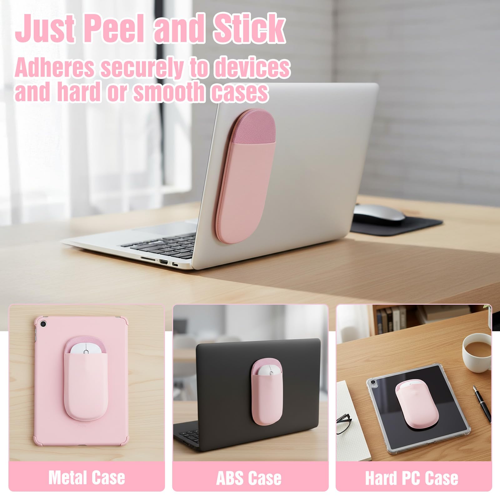 Support de souris fin pour ordinateur portable, pochette universelle pour souris sans fil pour ordinateur portable, rose adhésif, sans résidus de colle