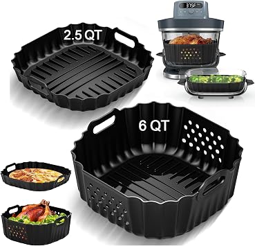 Air Fryer Accessories Silicone Liners for Ninja Crispi Pro AS101CY | AS101DG/AS101LG Big Liner for 6 QT Glass Container & Small Liner for 2.5 QT Glass Container, 2 Pcs Reusable Accessories