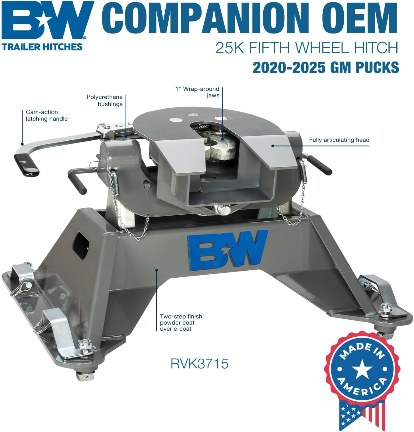 B&W Trailer Hitches 25K Companion OEM Fifth Wheel Hitch - Compatible with 2020-2026 Chevrolet/GM OEM Puck System - RVK3715