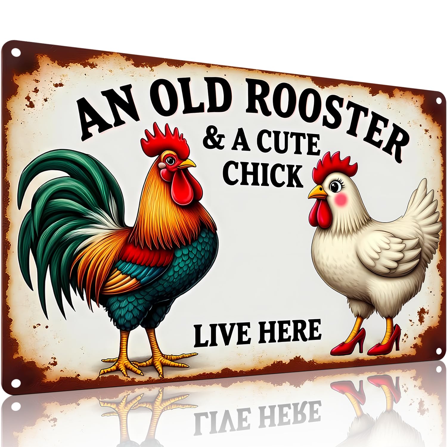 FunnySign Chicken Gifts Rooster Décor An Old Rooster & A Cute Chick Live Here Rustic Tin Sign For Home Farm Chicken Coop Decor 8x12 Inch (9713)