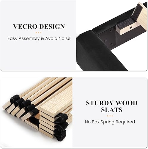 Miniatura 35 de SHA CERLIN Marco de cama matrimonial/plataforma tapizada de terciopelo con cabecero, soporte de listones de madera resistente, base de colchón, no