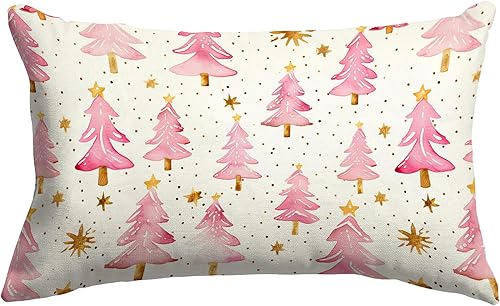 Miniatura 1 de Christmas Pink Pillow Covers 12x20 Inch, Winter Pink Trees Lumbar Cover,Seasonal Xmas Decoration for Home Décor Throw Cushion Case for Sofa Couch