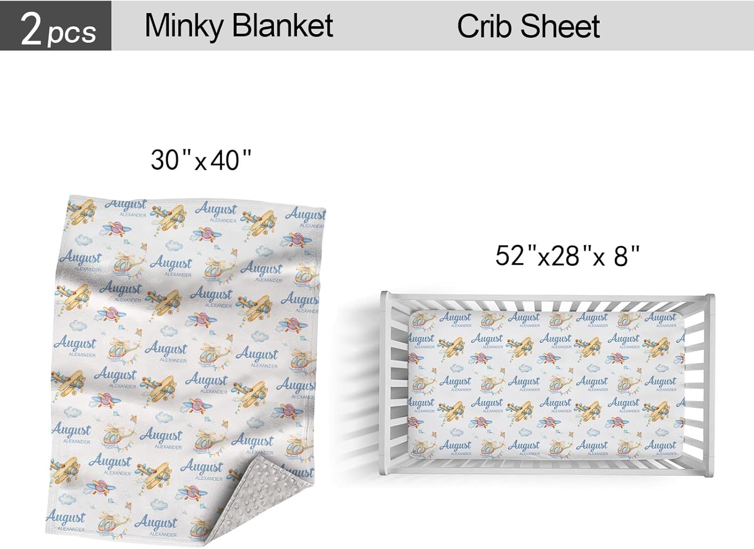 Custom Crib Bedding Set for Boys Girls, Personalized Baby Bedding Sets with Name, Airplane 2 Piece Bedding Set for Infant Toddler, Name Comforter Fitted Crib Sheets Set, Nursery Bedding