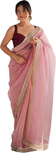 AKHILAM Women's Shimmer Net Solid Saree With Unstitched Blouse Piece