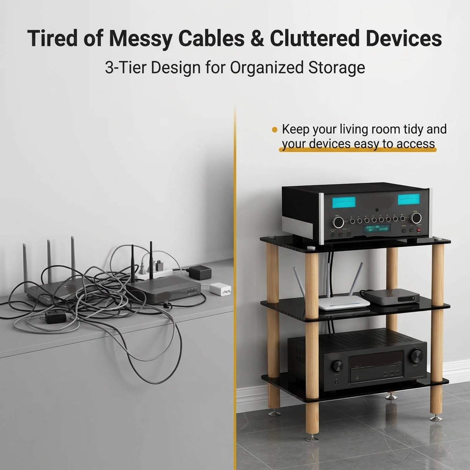 1-4 Ebenen HiFi Rack aus Massivholz & gehärtetem Glas, Antivibrations-Stand