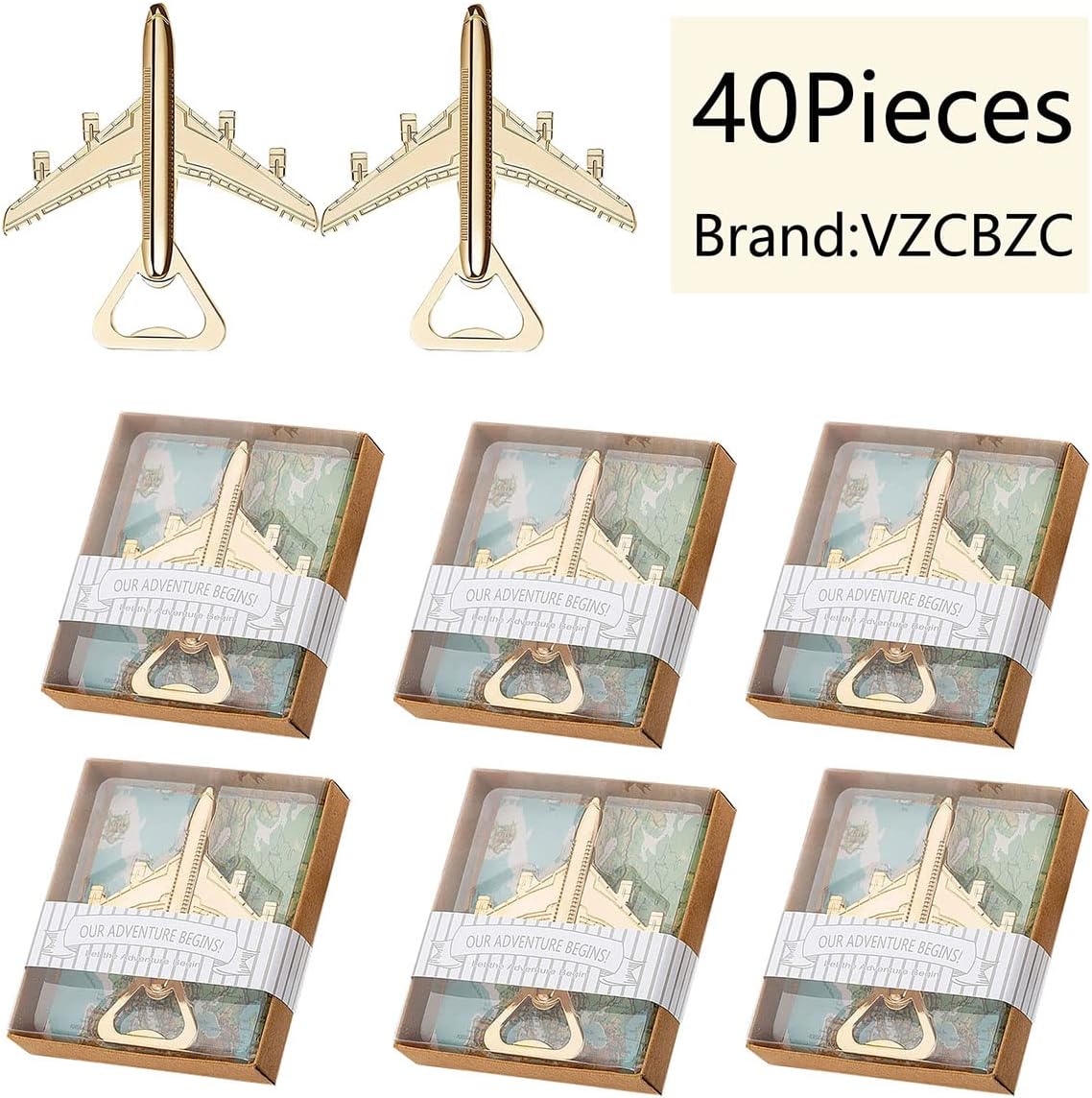 40PCS Airplane Bottle Opener for Wedding Favors Air Plane Travel Beer Bottle Openers for Guests,Party Souvenirs or Decorations-Gold
