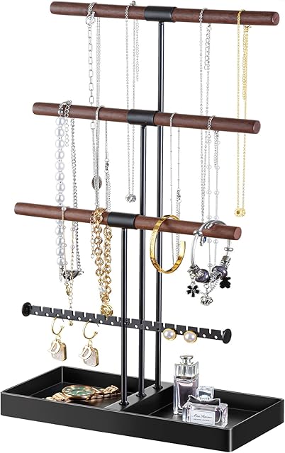 Lolalet Jewellery Stand Organizer Necklace Holder, 4 Tier Jewellery Holder with Metal Tray, Jewelry Stand Display Tree Rack Tower for Necklaces Bracelets Earrings Rings, Gifts for Women -Black