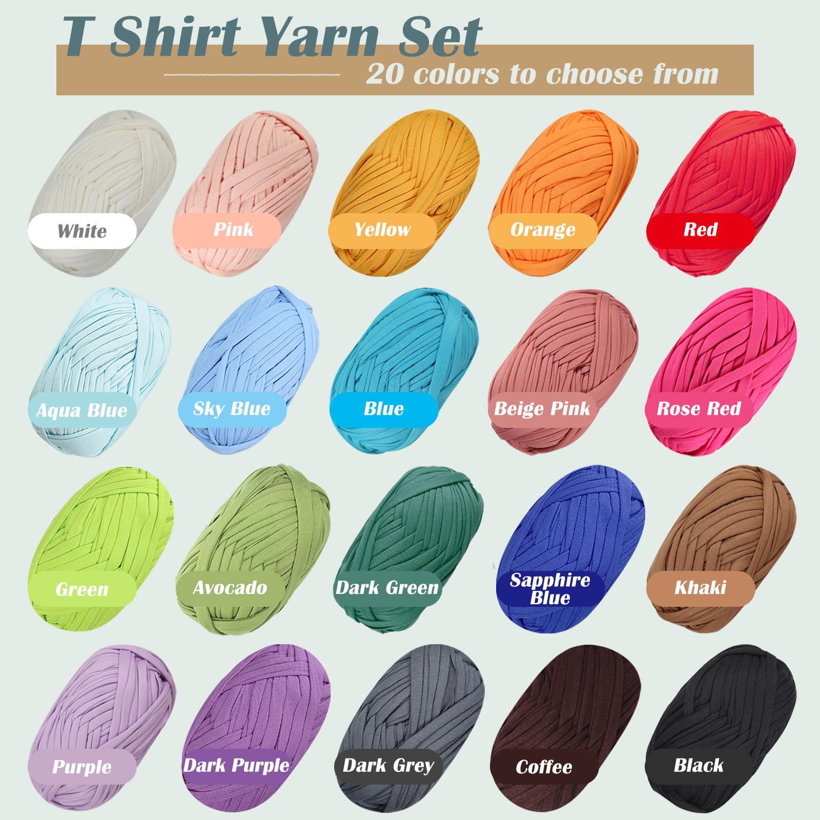 20 unidades de hilo elástico para camiseta de ganchillo para tejer DIY, hilo de espagueti, hilo de punto grueso para mano DIY bolsa manta almohada proyectos de ganchillo decoración del hogar