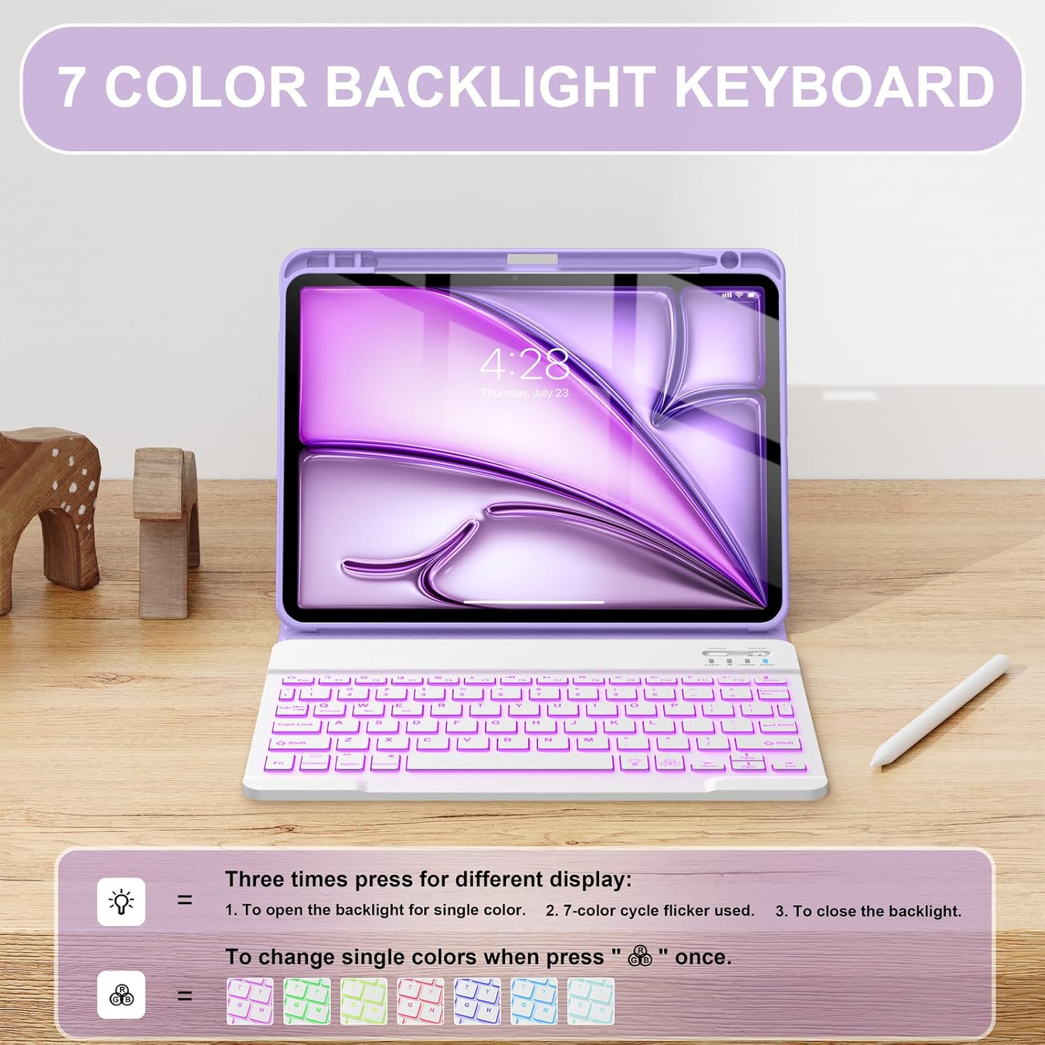 Soke Keyboard Case for iPad Air 11 Inch(M3 2025/M2 2024) & Air 5th/4th Generation - 7 Color Backlit Detachable Keyboard Cover with Pencil Holder, Violet Marble